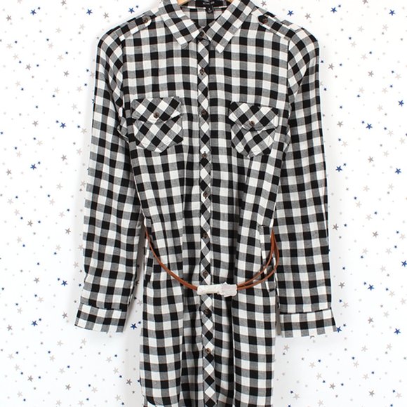 Plaid Shirt Dress with Belt White Black Small - Picture 7 of 8